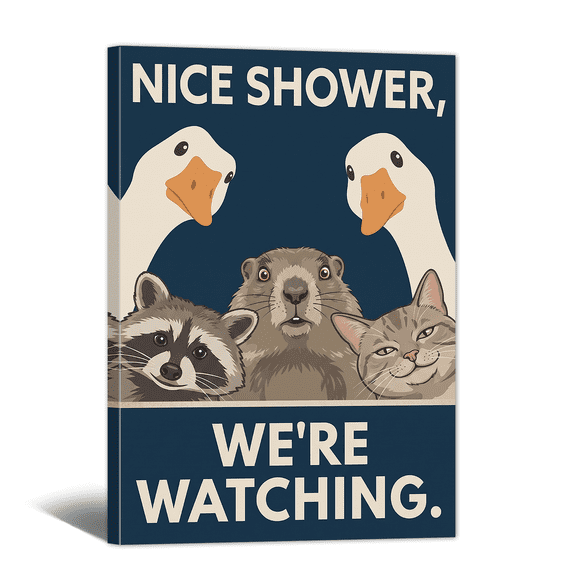 Nice Shower We’re Watching Bathroom Canvas Wall Art Humorous Picture Print, Cute Animal Paintings Abstract Artwork for Home Dorm Apartment, Restroom Wall Decor