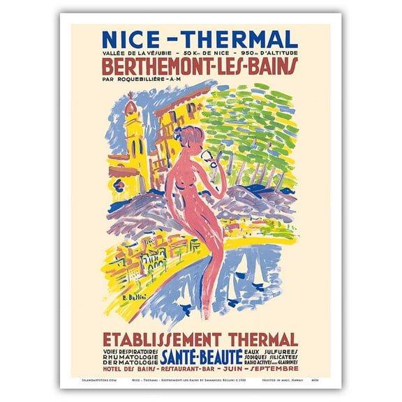 Nice - Thermal - Berthemont-les-Bains France - Health Beauty Hot Springs Spa - Vintage Travel Poster by Emmanuel Bellini c.1950 - Master Art Print (Unframed) 9in x 12in