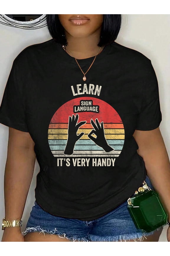 Nice 'n Cool Retro Vintage Learn Sign Language ASL Deaf Gift ASL Teacher Black Crew Neck T-Shirt