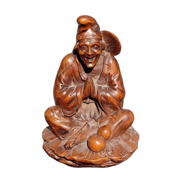 Nice wooden buddha statue boxwood carving happy monk antique figures home decor