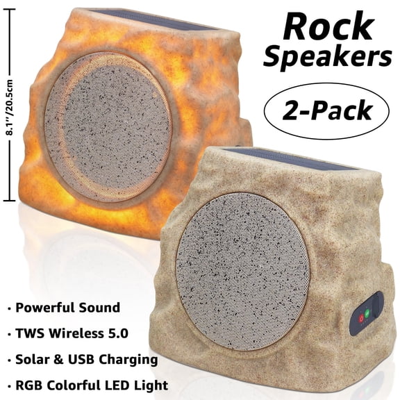 NiceBuy 2-Pack 8.1" Outdoor & Indoor Sand Color Rechargeable Bluetooth Solar Rock Speakers With RGB LED Lighting