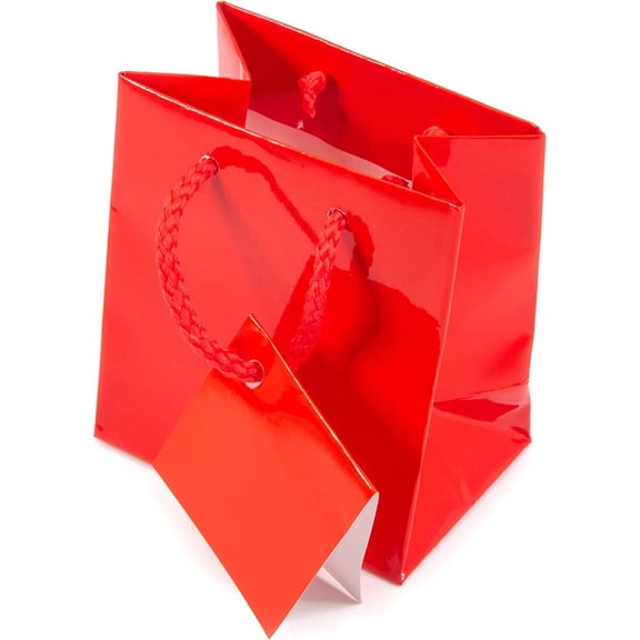 NicePackaging 10 Qty Glossy Red Paper Tote Gift Bags 3in x 2in x 3.5in For Birthdays/Holidays/Parties/Gifts/Sales/Showers/Special Occasions 4 Sizes