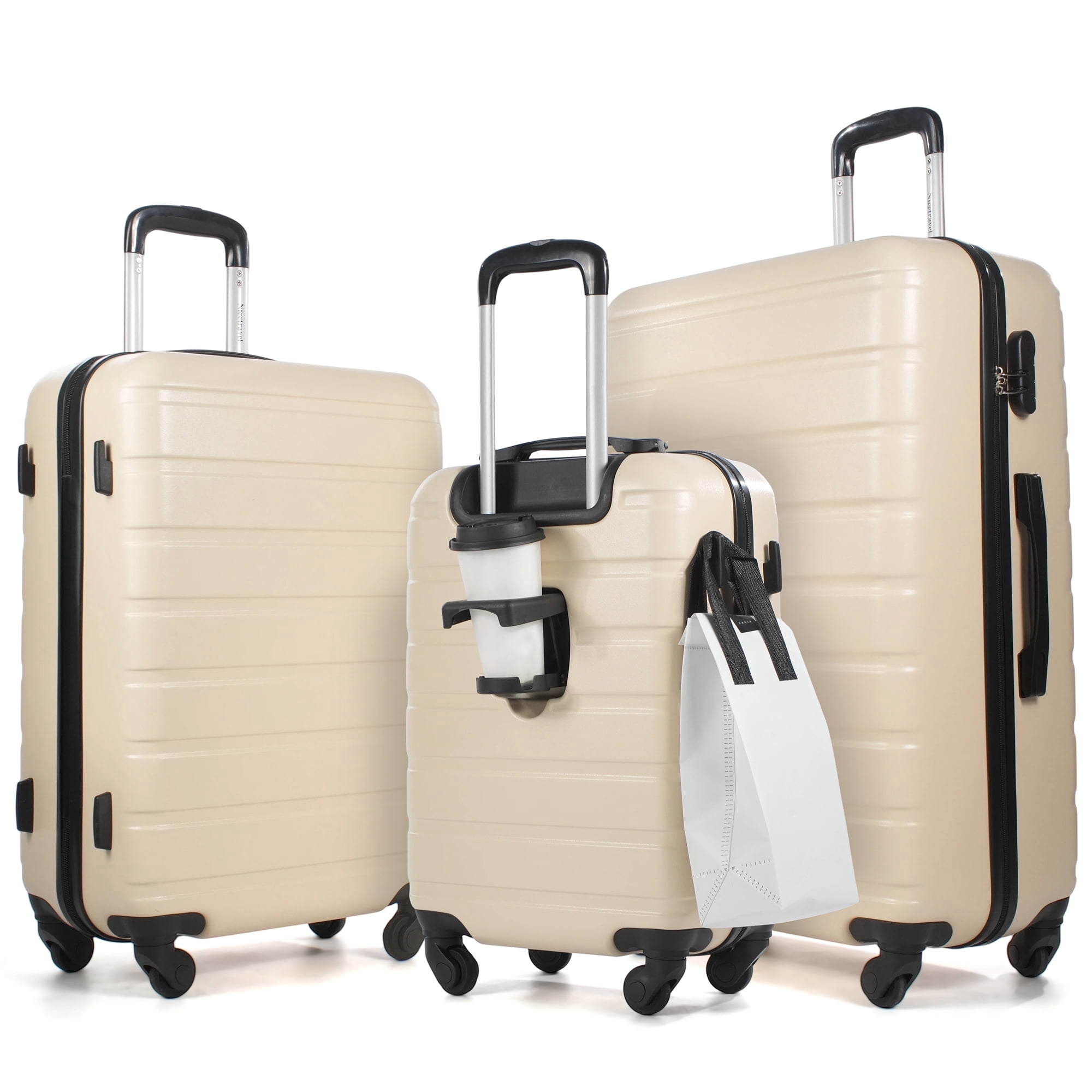 NiceTravel Luggage Set (20/24/28 inch),Hard-shell suitcase with Cup Holder(20"), Combination Locks & 360° Spinner Wheels, Beige
