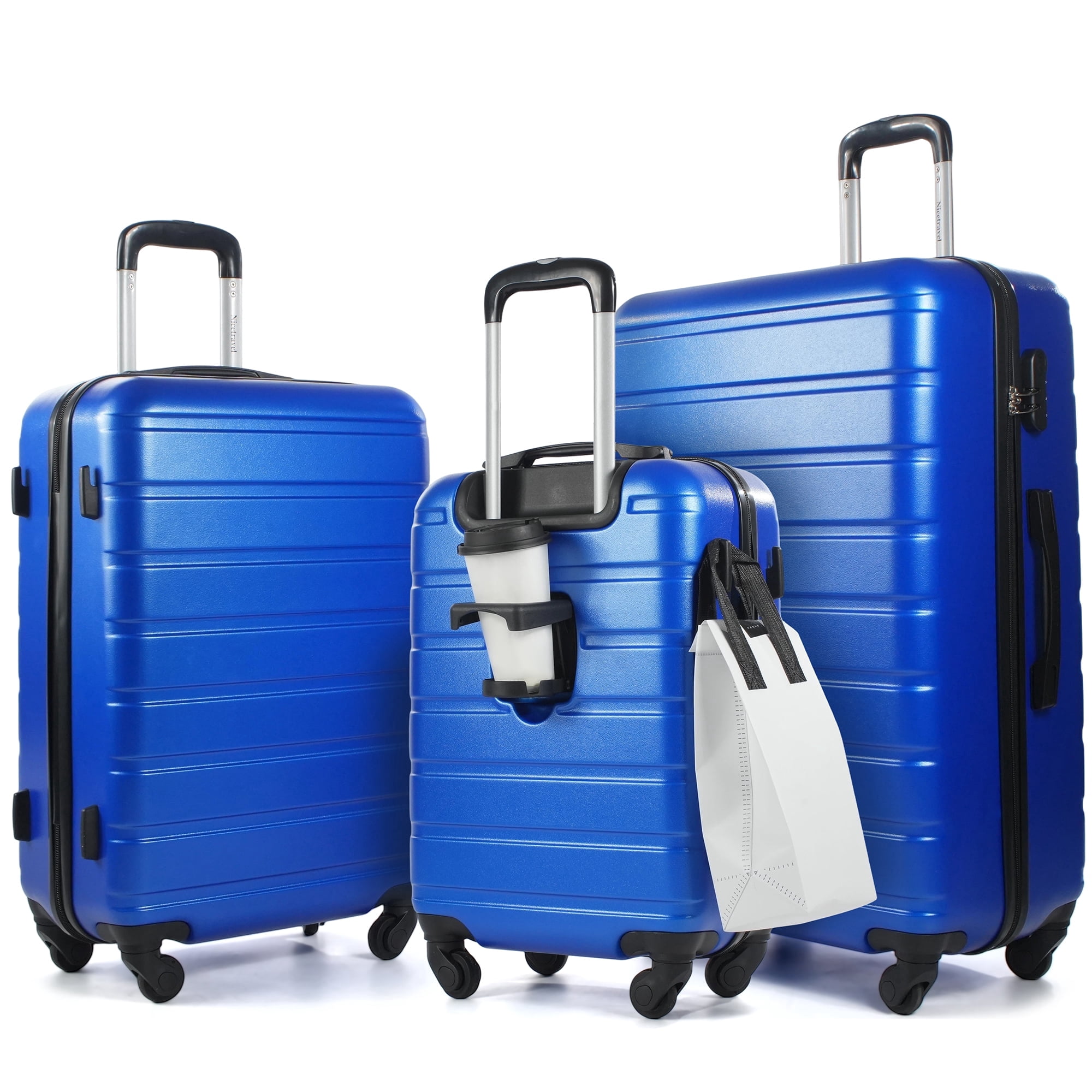 NiceTravel Luggage Set (20/24/28 inch),Hard-shell suitcase with Cup Holder(20"), Combination Locks & 360° Spinner Wheels, Blue