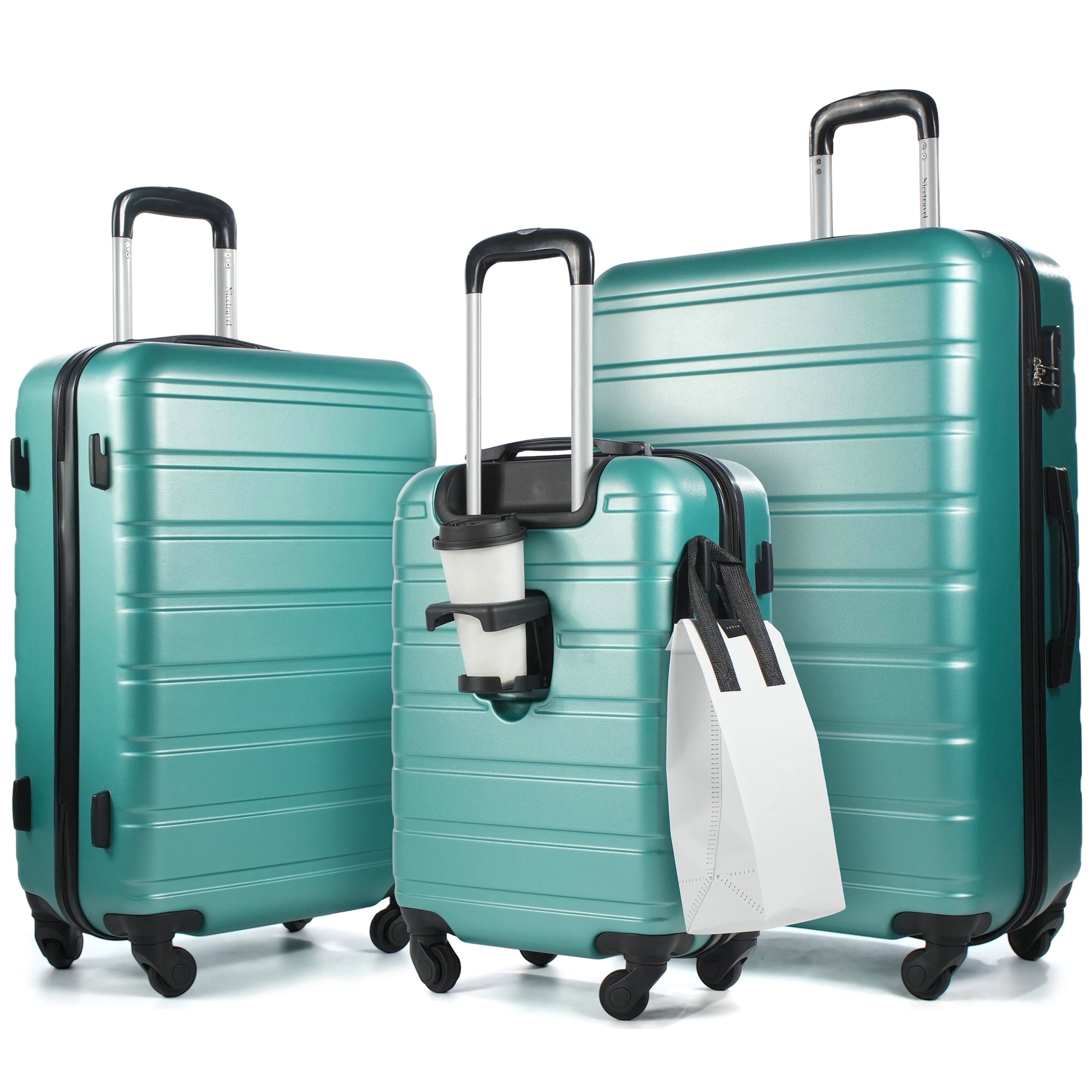 NiceTravel Luggage Set (20/24/28 inch),Hard-shell suitcase with Cup Holder(20"), Combination Locks & 360° Spinner Wheels, Green