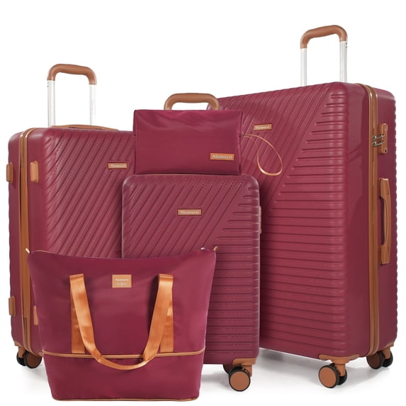NiceTravel 5-Piece Luggage Set, Hard Shell Suitcases with Spinner Wheels,TSA Lock,Travel Tote Bag & Cosmetic Pouch, Red