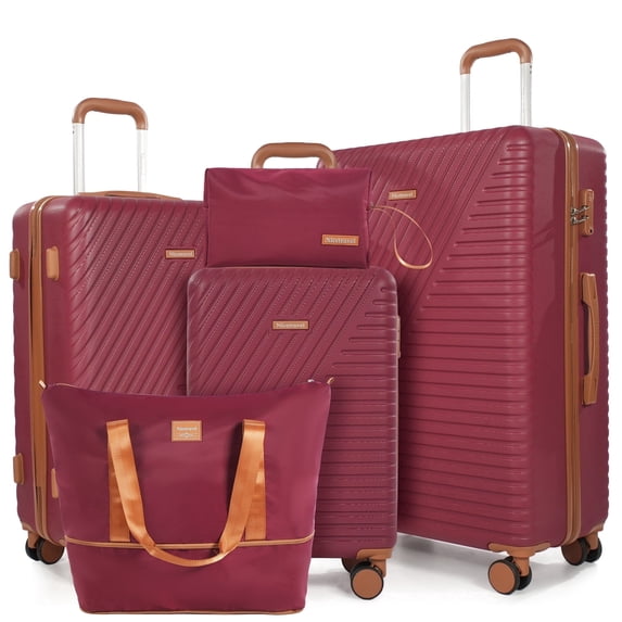 Nicetravel 5-Piece Luggage Set, Hard Shell Suitcases with Spinner Wheels,TSA Lock,Travel Tote Bag & Cosmetic Pouch, Red