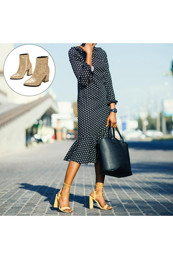 1 Pair Glitter Ankle Boots Women Pointed Toe Golden Artificial PU Side Zipper for Casual Occasions