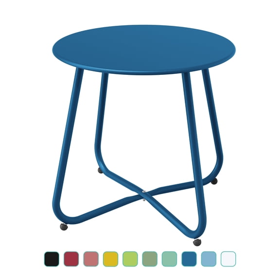 Niceauty 17.75x18in Weather Resistant Round Steel Side Table with Adjustable Feet, Peacock Blue