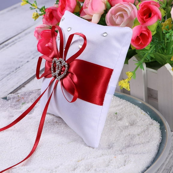 Niceauty 1Pc Red Wedding Ring Pillow with Lace Bowknot and Rhinestone Heart for Bride