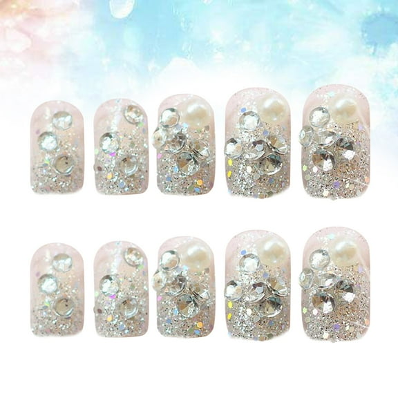 Niceauty nail tips full cover Rhinestone Fake Nails Silver 24pcs