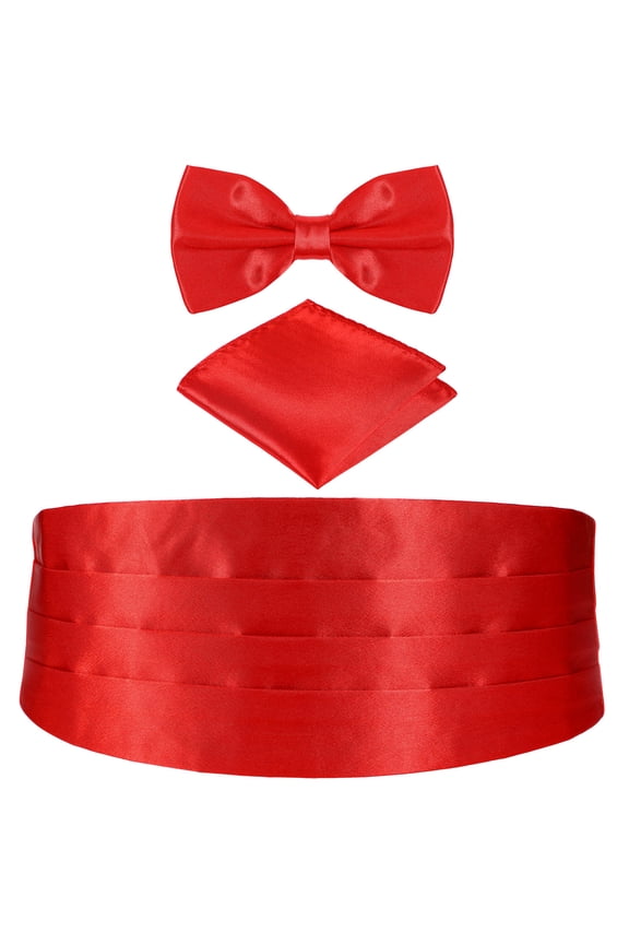 3Pcs Premium Satin Cummerbund Bow Tie and Pocket Handkerchief Set for Mens Wedding Attire