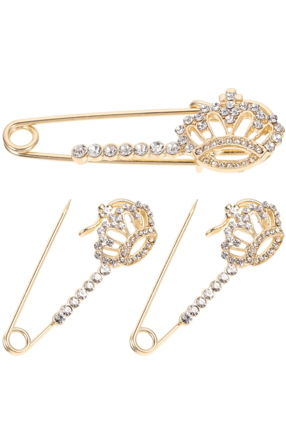 3Pcs Golden Crown Rhinestone Brooch Pin Safety Pin Clothing Accessory for Decor
