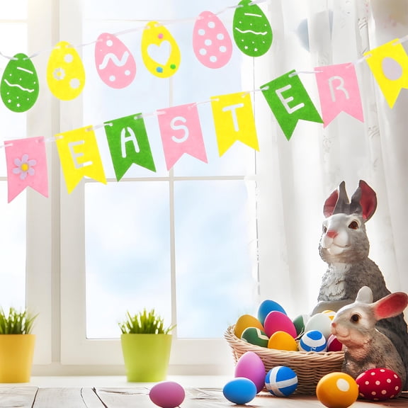 Niceauty 3Pcs Felt Easter Bunny Banner Decoration Multi Color Happy Easter Sign for Birthday Party Mantle Fireplace