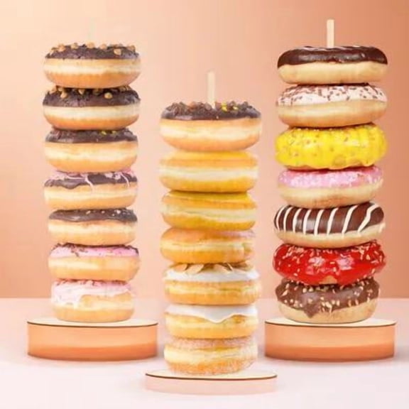 Niceauty 3Pcs Rustic Wood Donut Stand Party Display Organizer Beige Holder with Creative Design