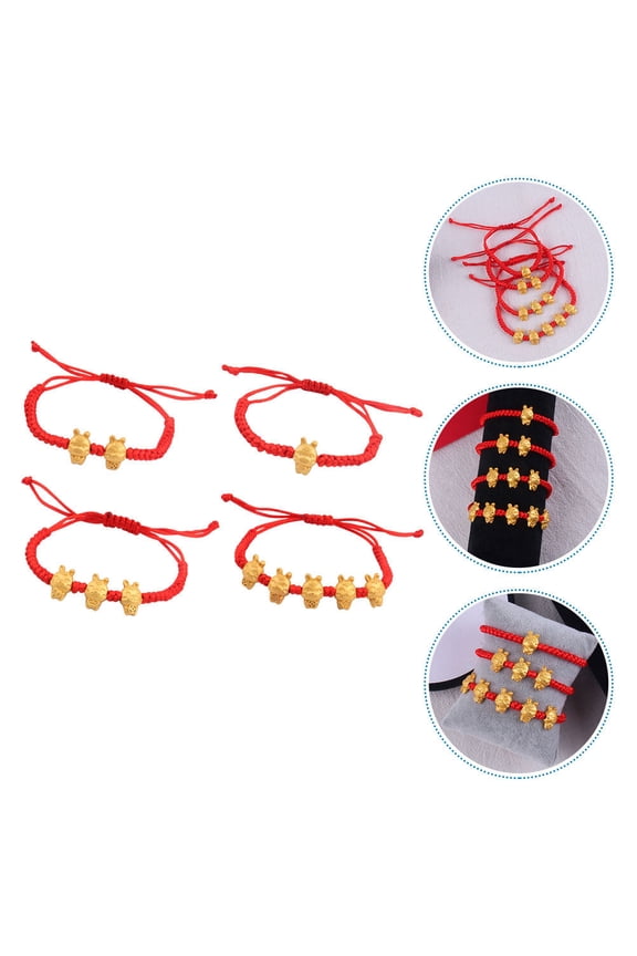 4Pcs Woven Rope Bracelet Chinese Style Rabbit Design Alloy Multi Symbol of Fortune and Protection for Adults