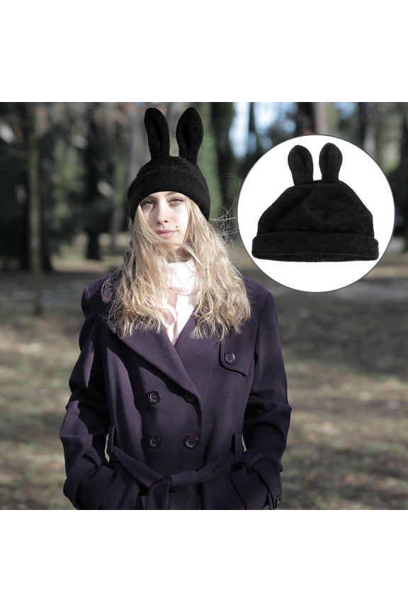 Knit Beanies Hats for Cold Weather Cute Rabbit Ear Shape in Black 1Set