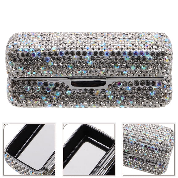 Niceauty Portable Silver Lipstick Holder with Built in Mirror Rhinestone Design Travel Makeup Organizer
