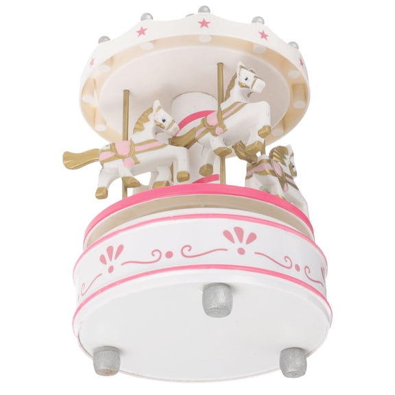 Niceauty Pink Wooden Carousel Music Box Decorative Ornament with Wind Up Movement and Romantic Music
