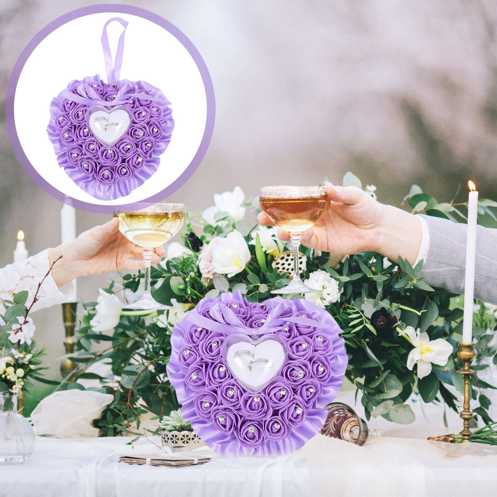 Niceauty Ring Pillow for Wedding Ceremony Purple Heart Shaped