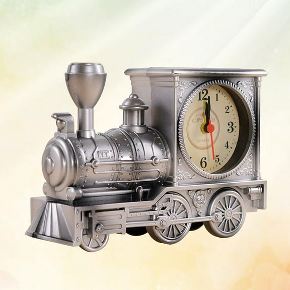 Niceauty Small Silver Clock Locomotive Alarm Clock Night Light Vintage Train Desk Battery-Powered For Decor