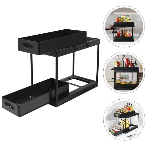 Niceauty Under Sink Organizer with Pull Out Drawers and 2 Tier Telescopic Storage Rack in Black ABS