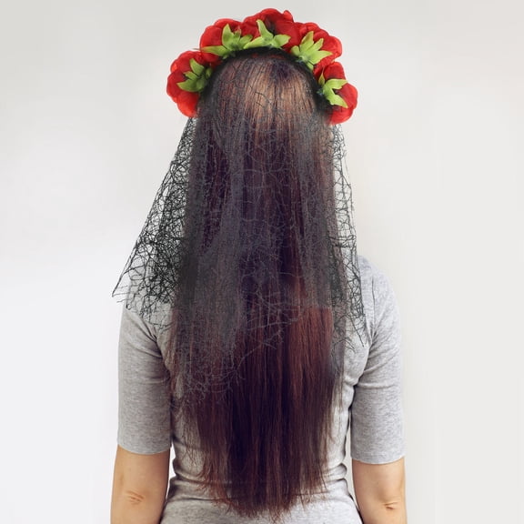 Niceauty Red Veil Headband with Floral Skull Design for and Day of The Dead