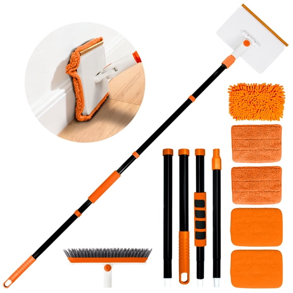 Nicecastle 4-in-1 Baseboard Cleaning Tool with Handle 5 Reusable Pads 1 Stiff Bristle Brush Carpet Rake for Pet Hair Removal Baseboard Cleaner Carpet Windows Wall Floor Bathroom KitchenOrange)