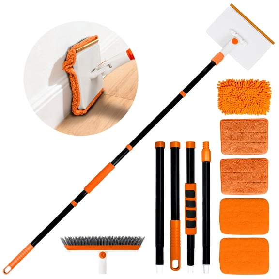 Nicecastle 4-in-1 Baseboard Cleaning Tool with Handle 5 Reusable Pads 1 Stiff Bristle Brush Carpet Rake for Pet Hair Removal Baseboard Cleaner Carpet Windows Wall Floor Bathroom KitchenOrange)