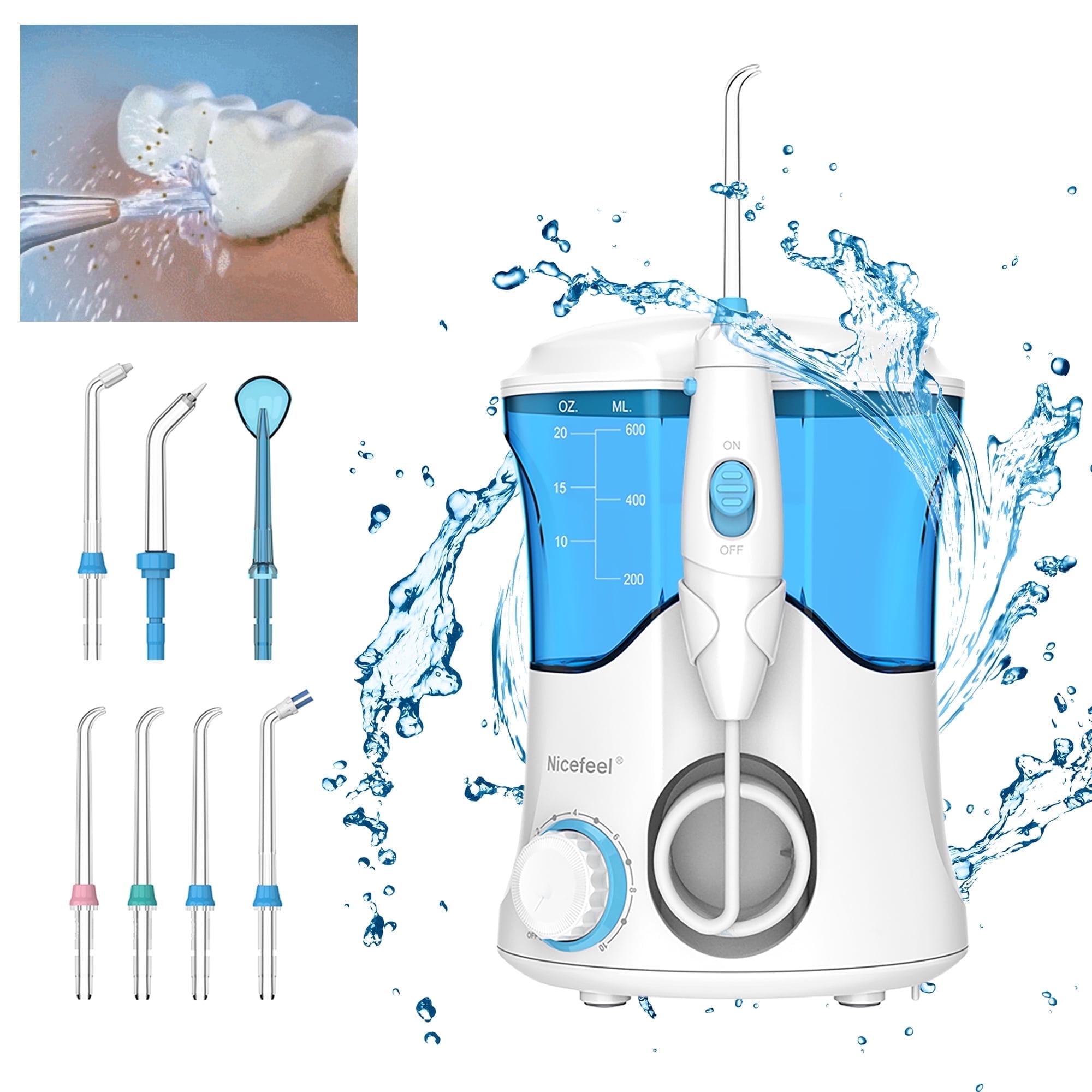 Nicefeel Electric Water Flosser Oral Irrigator Pick(600ML), 10 Adjustable Pressure & 7 Jet Tips Pik