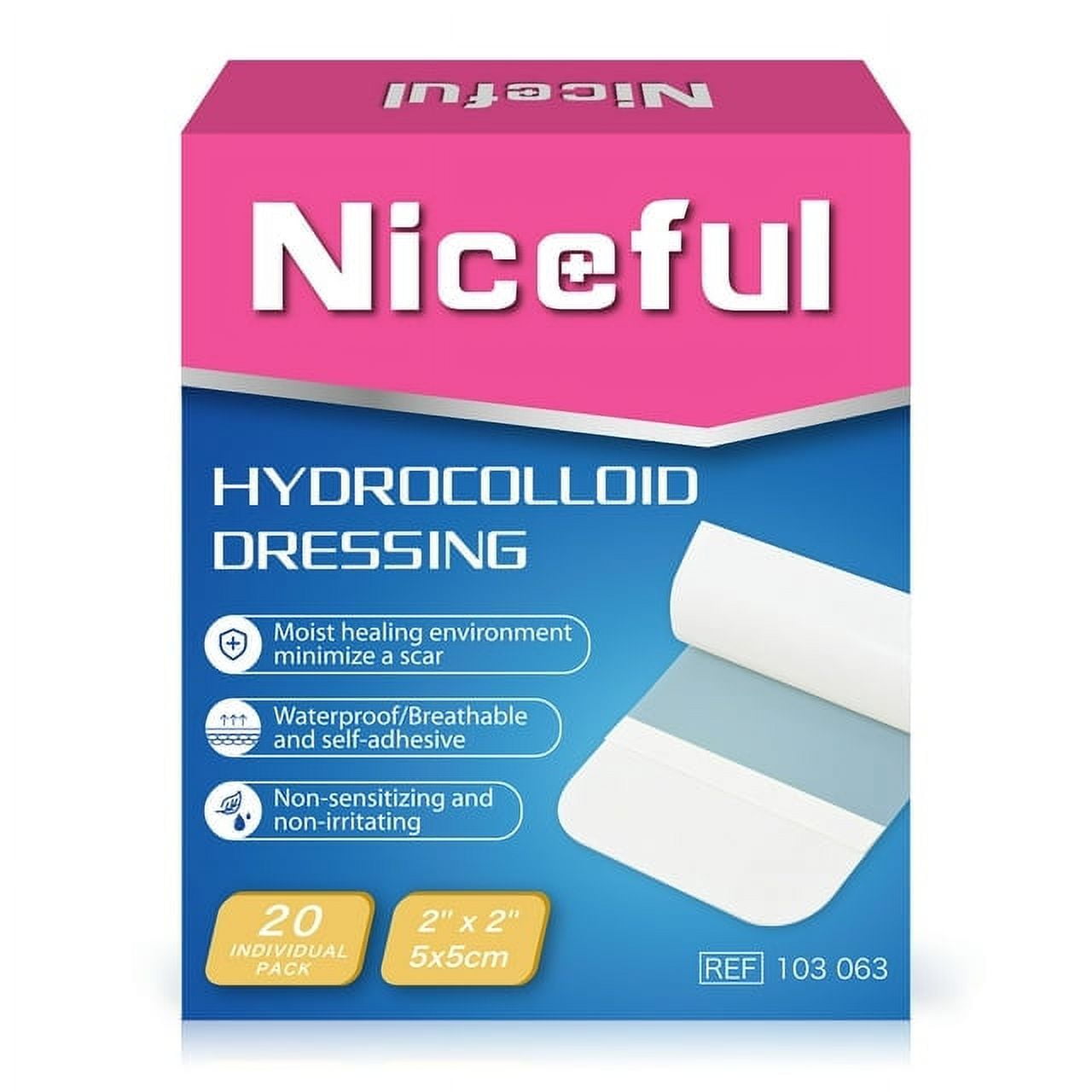 Niceful Hydrocolloid Bandages 20 Packs 2x2, Waterproof Gel Dressings for Wound Healing, Bed