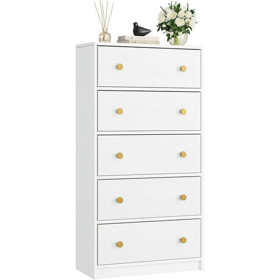 Nicehill White Dresser for Bedroom with 5 Drawers Wooden Dresser Storage Tower, Chest of Drawers for Closet, Living Room, Hallway, Entryway, Fabric Drawer (White)