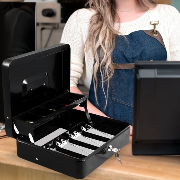 Nicehomfit 1Set Portable Metal Cash Register Box with Lock Large Capacity Black Money Safe Box