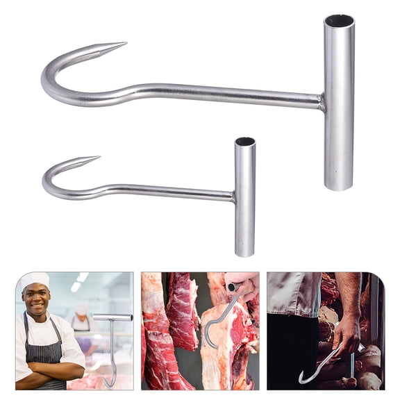 Nicehomfit 2Pcs Stainless Steel Turkey Fryer Hooks T Handle for Meat Processing and Cooking Accessories Plated Silver