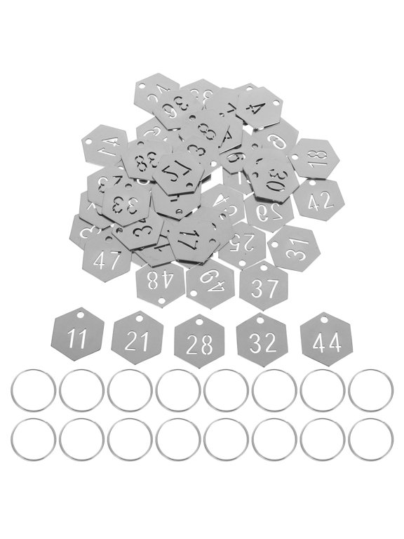 50Pcs Stainless Steel Hexagon Number Keychains Metal Tags Plated Silver for Event Identification