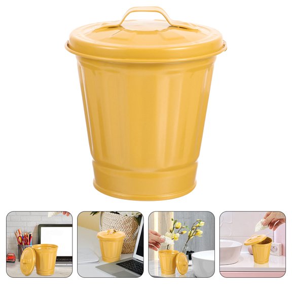 Nicehomfit Yellow Iron Waste Basket with Lid Countertop Trash Can for Barbecue Use
