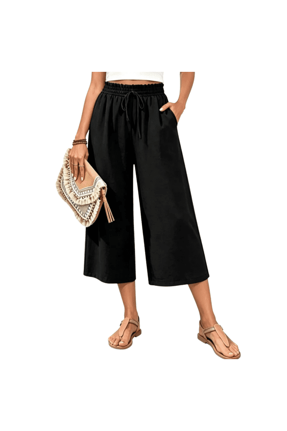 Capris Pants for Women, Summer Wide Leg Pants Woman with Pockets High Waist Drawstring Elastic Waist, Comfy Casual Pants for Women Loose Lounge Cropped