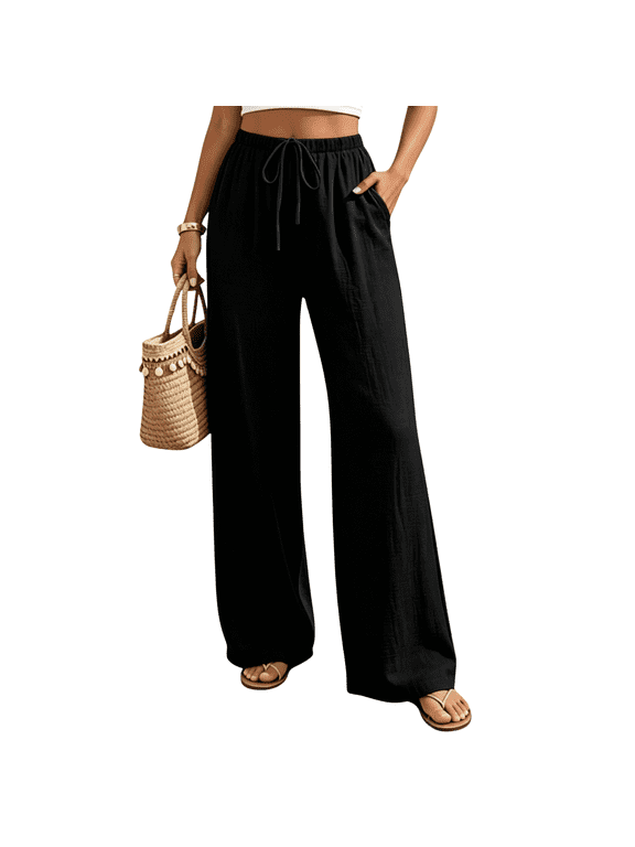 Linen Pants Women, Comfy Casual Pants for Women Palazzo Trousers with Pocket, Flowy Wide Leg Pants Woman Lightweight for Lounge Beach Vacation