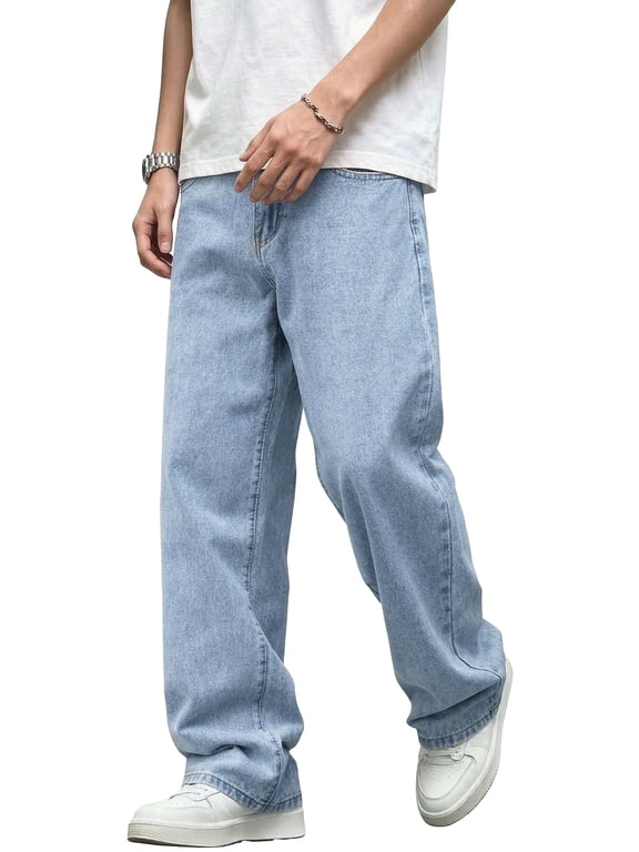 Baggy Jeans Men – Wide Leg Vintage Loose Fit Stretch Denim Pants for Men Y2K Hip Hop Streetwear Trousers with Classic Pocket, Light Blue