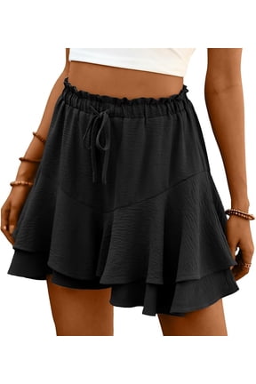 Flowy Shorts for Women Boho Ruffle Tiered Womens Skorts Summer Casual High Waist Mini Skirt Double-Layer Floral Skort, Black