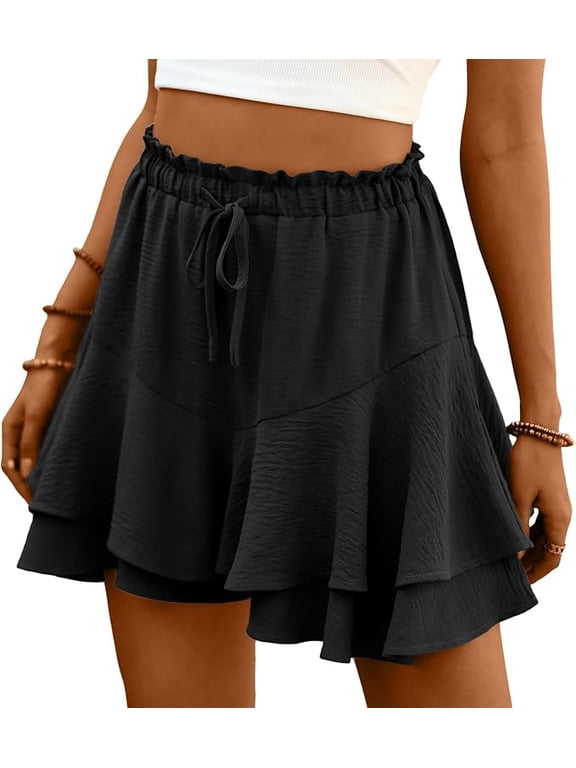 Flowy Shorts for Women Boho Ruffle Tiered Womens Skorts Summer Casual High Waist Mini Skirt Double-Layer Floral Skort, Black