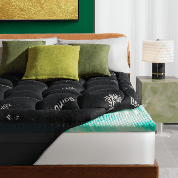 Niceluck Dual-Layer Queen Mattress Topper, Cooling Bamboo Viscose Memory Foam Pillow Top, Back Pain Relief Breathable Pad with Deep Pocket & Adjustable Straps, Black