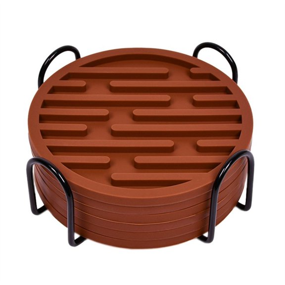 Niceminiwall Silicone Drink Coasters 6 Pack Heat Resistant Pads with Holder for Coffee 10CM Brown