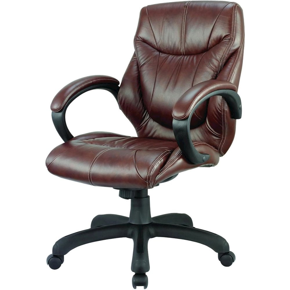 Brown Genuine Leather Mid Back Executive Chair with Fixed Arms