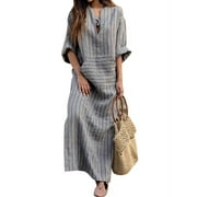Nicesee Women Long Sleeve Loose Vintage Cotton Linen Dress Plus Size