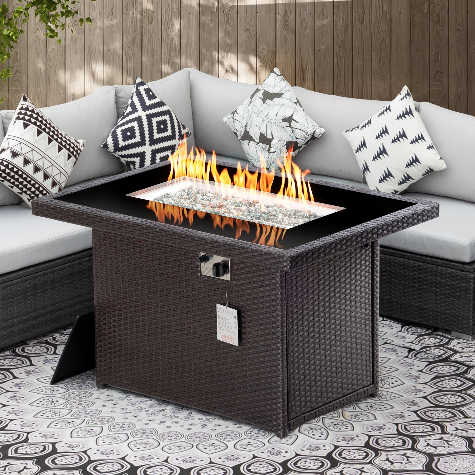 RADIATA 43'' Outdoor Patio Propane Gas Wicker Smokeless Fire Pit Table, 60000 BTU 8mm Tempered Glass Tabletop & Blue Stone,CSA Certification