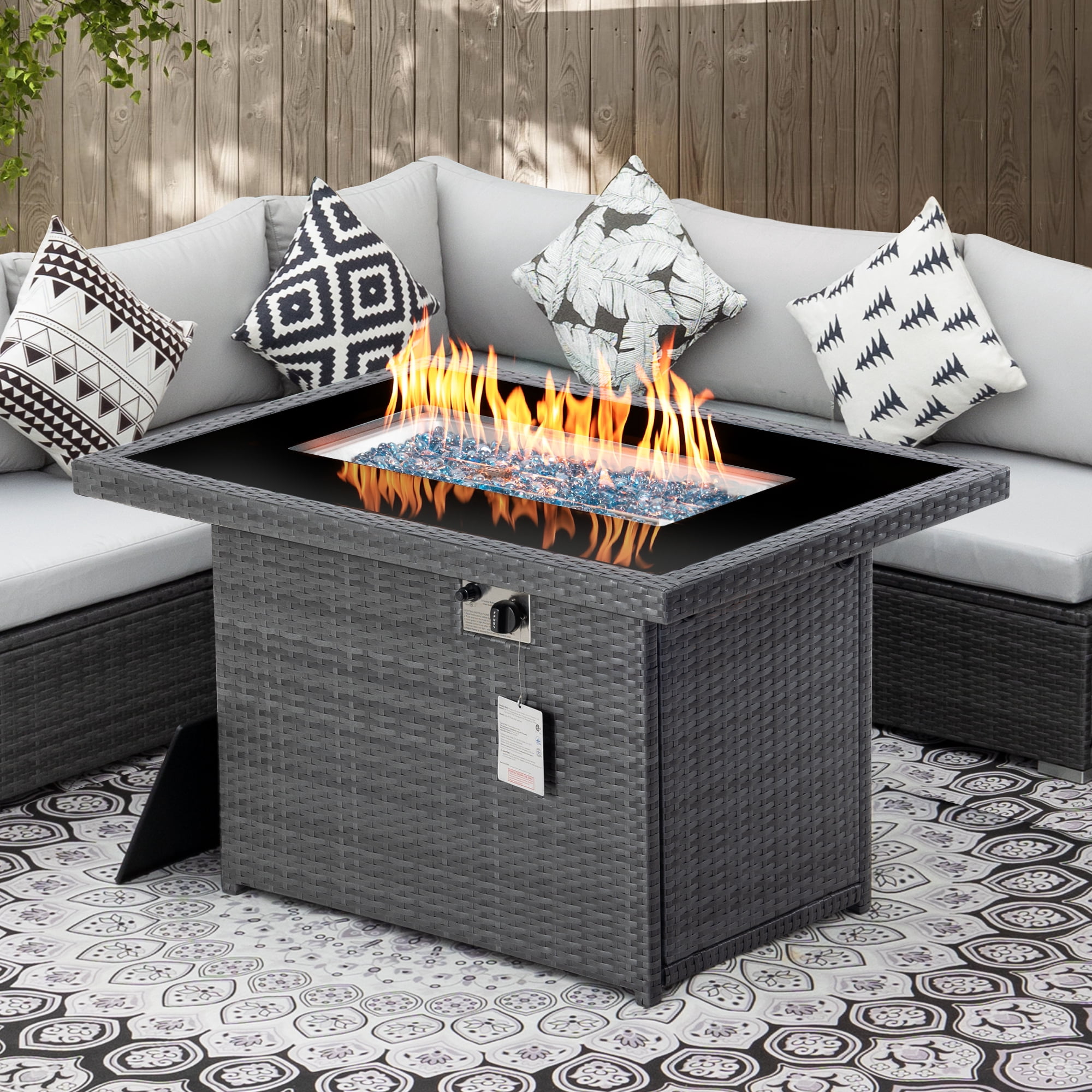 RADIATA 43'' Outdoor Patio Propane Gas Wicker Smokeless Fire Pit Table, 60000 BTU 8mm Tempered Glass Tabletop & Blue Stone,CSA Certification