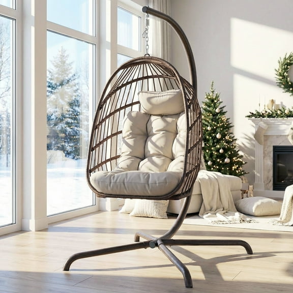 RADIATA Hanging Egg Chair with Stand, Outdoor Indoor Wicker Swing Chair with Cushions, 350lbs Capacity Patio Hammock Chair for Backyard, Balcony, Brown