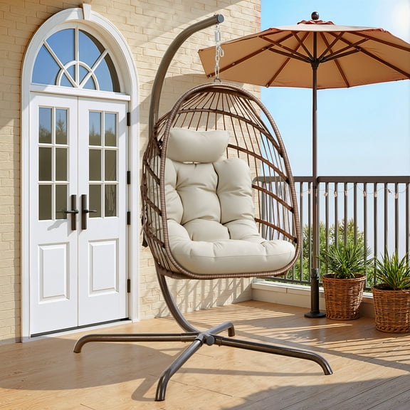 RADIATA Hanging Egg Chair with Stand, Outdoor Indoor Wicker Swing Chair with Cushions, 350lbs Capacity Patio Hammock Chair for Backyard, Balcony, Brown