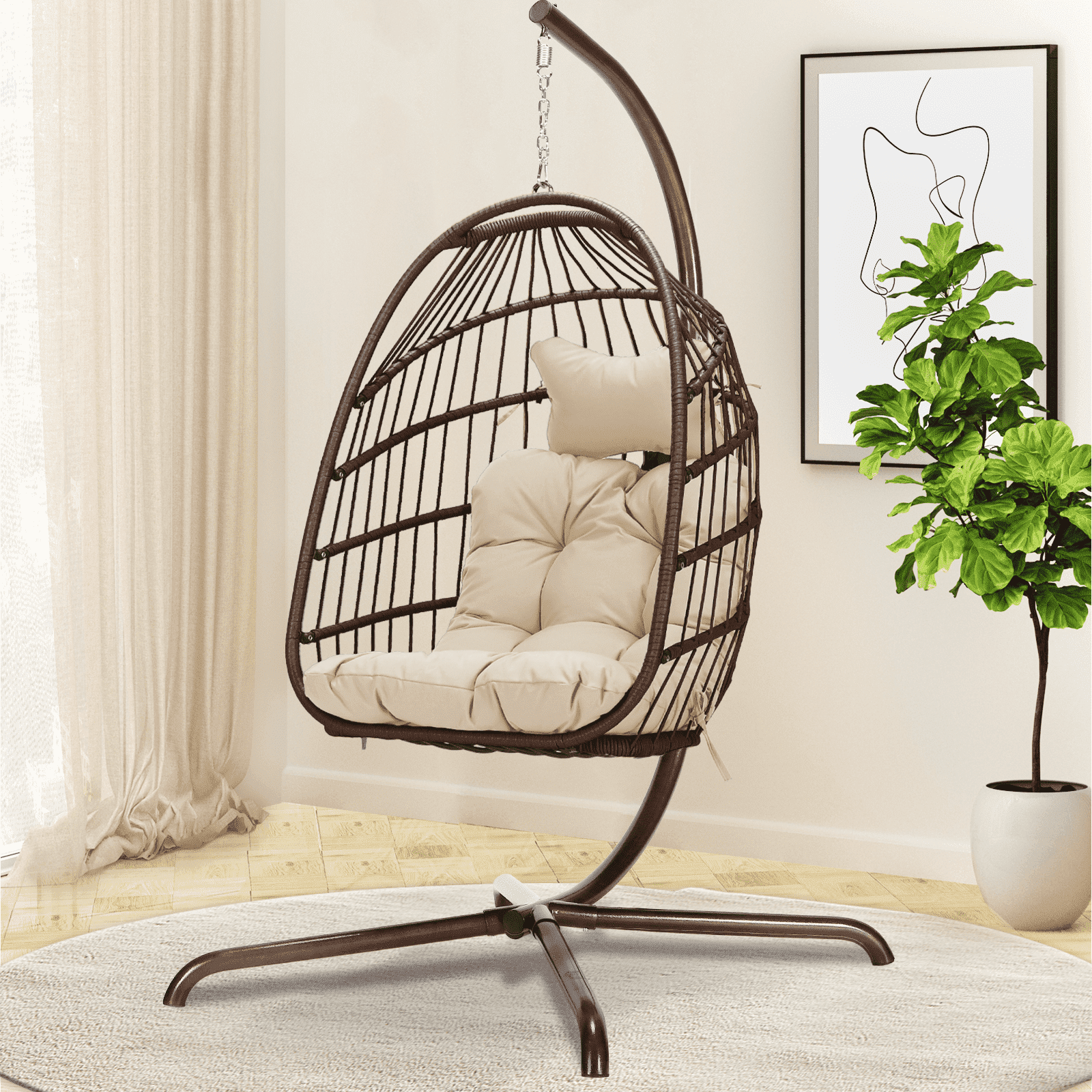 Nicesoul Foldable PE Wicker Brown Hanging Egg Chair With Stand Swing Chair With Cushion and Pillow Capacity 350lbs